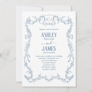 Rambling Rose Vine Blue Monogram Crest Wedding Invitation