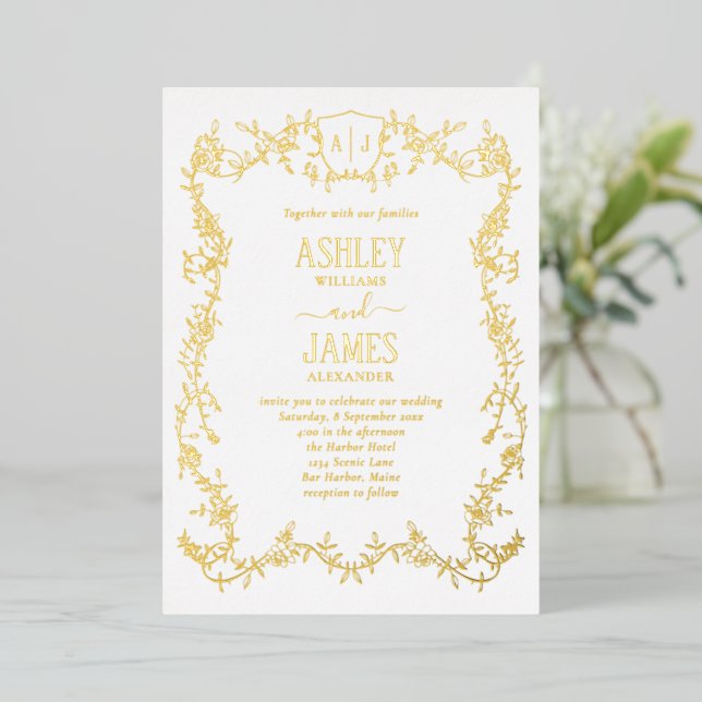 Rambling Rose Vine Gold Monogram Crest Wedding (Standing Front)