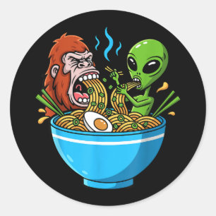 Ramen attack funny bigfoot and alien slurping classic round sticker