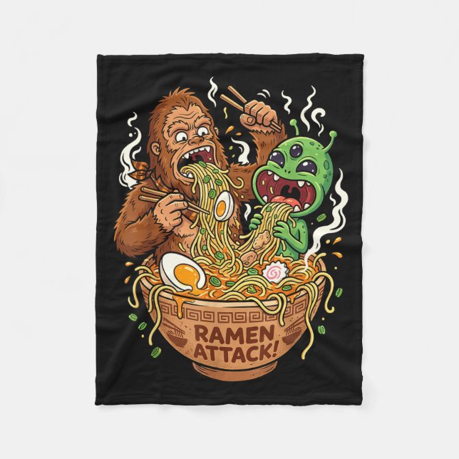 Ramen attack funny bigfoot and alien slurping fleece blanket (Front)