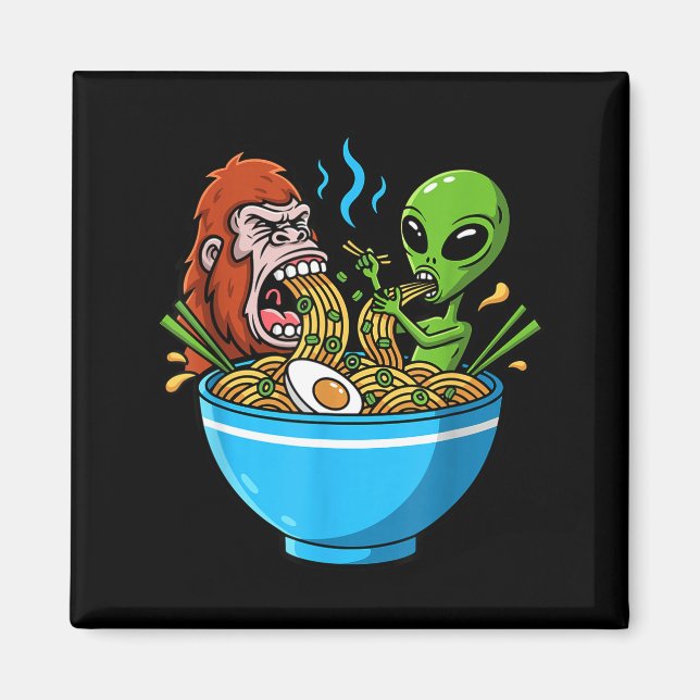 Ramen attack funny bigfoot and alien slurping magnet (Front)