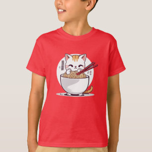 Ramen Cat Eating Noodles Design T-Shirt