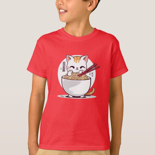 Ramen Cat Eating Noodles Design T-Shirt (Front)