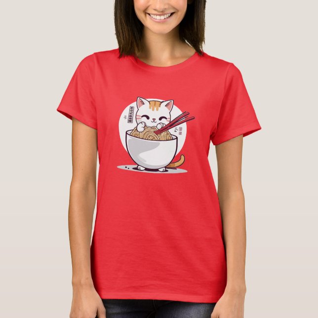 Ramen Cat Eating Noodles Design T-Shirt (Front)
