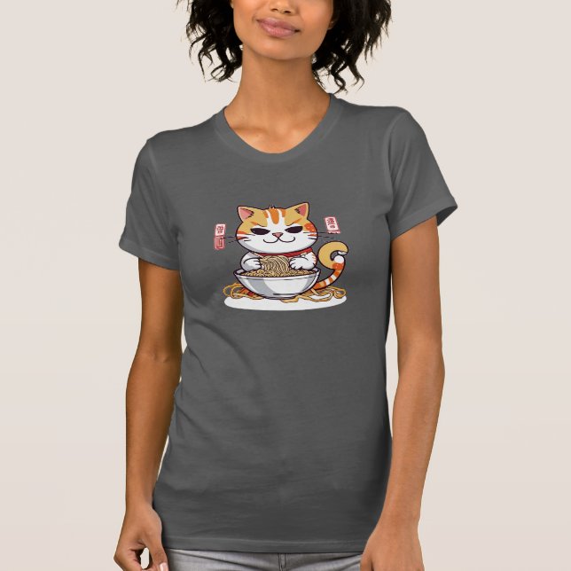 Ramen Cat Eating Noodles Design T-Shirt (Front)