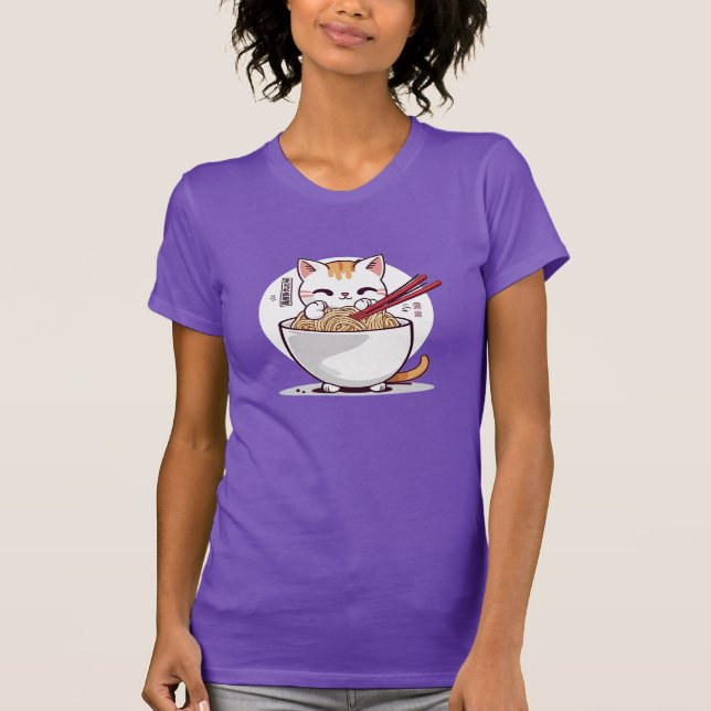 Ramen Cat Eating Noodles Design T-Shirt (Front)