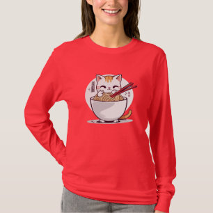 Ramen Cat Eating Noodles Design T-Shirt