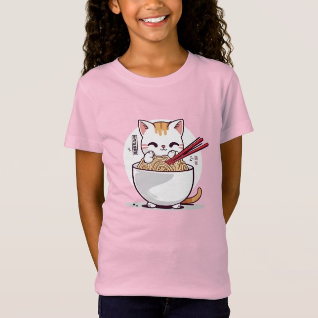 Ramen Cat Eating Noodles Design T-Shirt (Front)