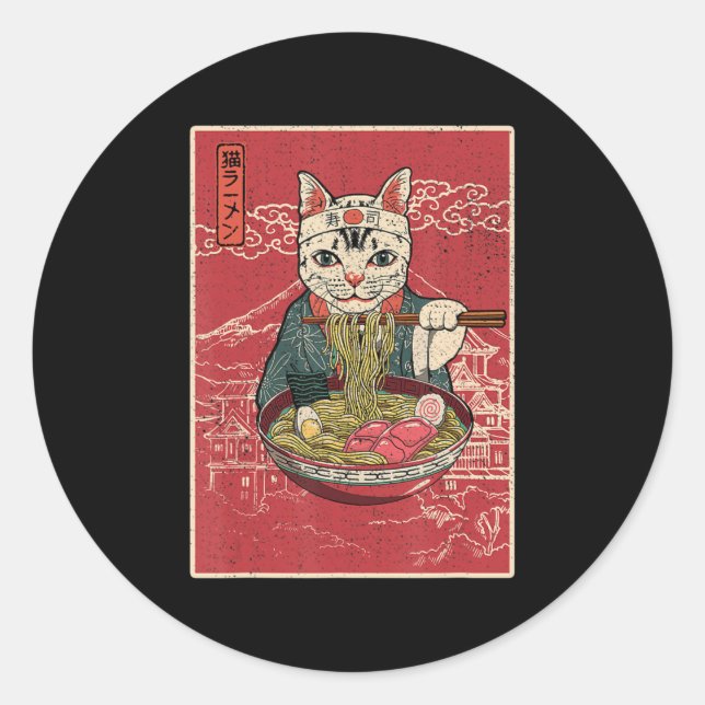 Ramen Cat Kawaii Anime Japanese Food Girls Officia Classic Round Sticker (Front)
