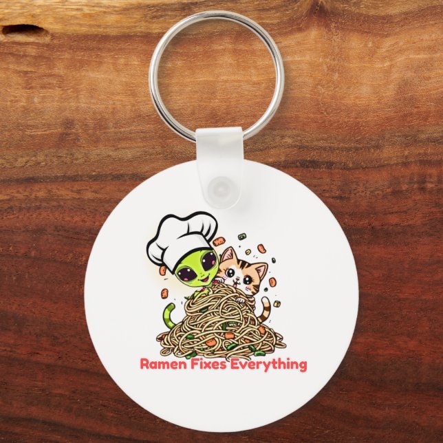 Ramen Fixes Everything Alien Chef Cat Key Ring (Front)