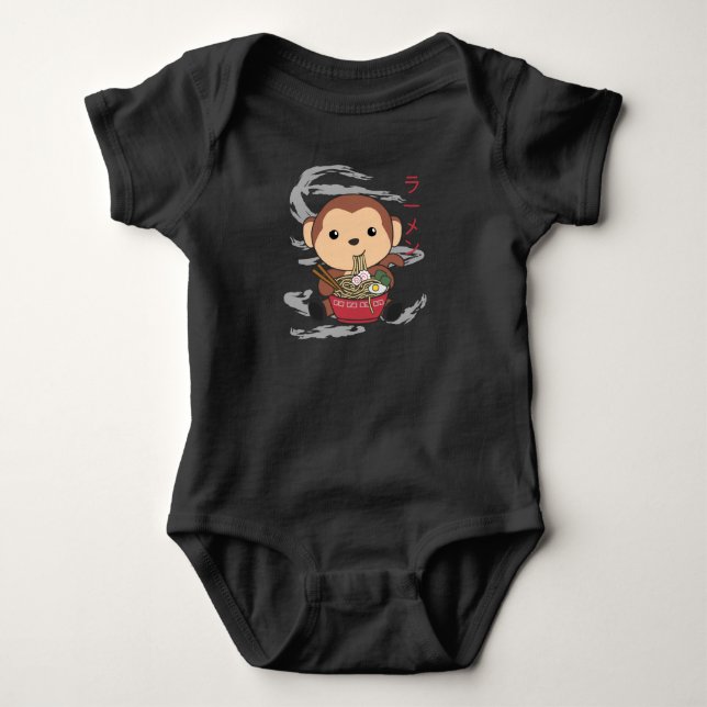 Ramen Japanese Noodles Sweet Monkey Eats Ramen Baby Bodysuit (Front)