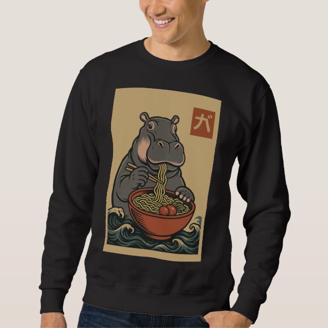 Ramen Noodle Eating: Hippo mens sweatshirt (Front)