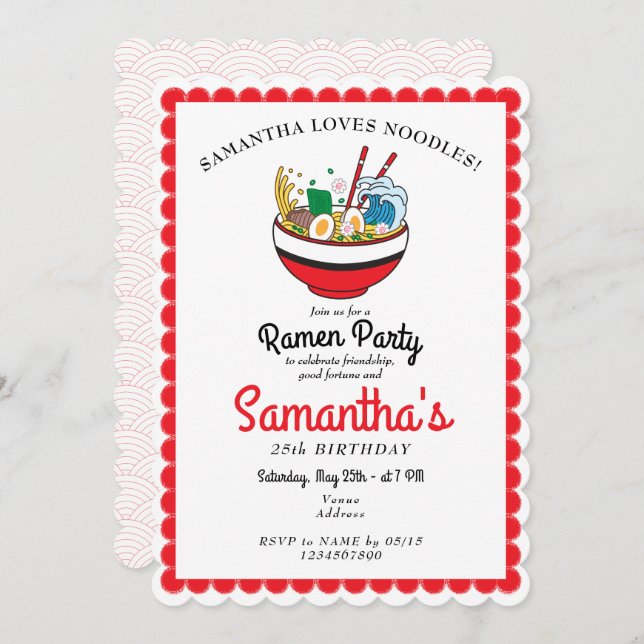 Ramen Red Japanese Miso Noodle Soup Birthday Party Invitation (Front/Back)