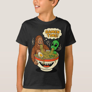 Ramen time funny bigfoot and alien slurping T-Shirt