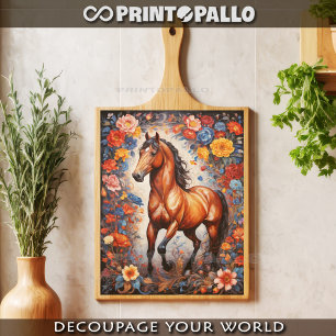 Rampant brown horse in flowers background tissue paper