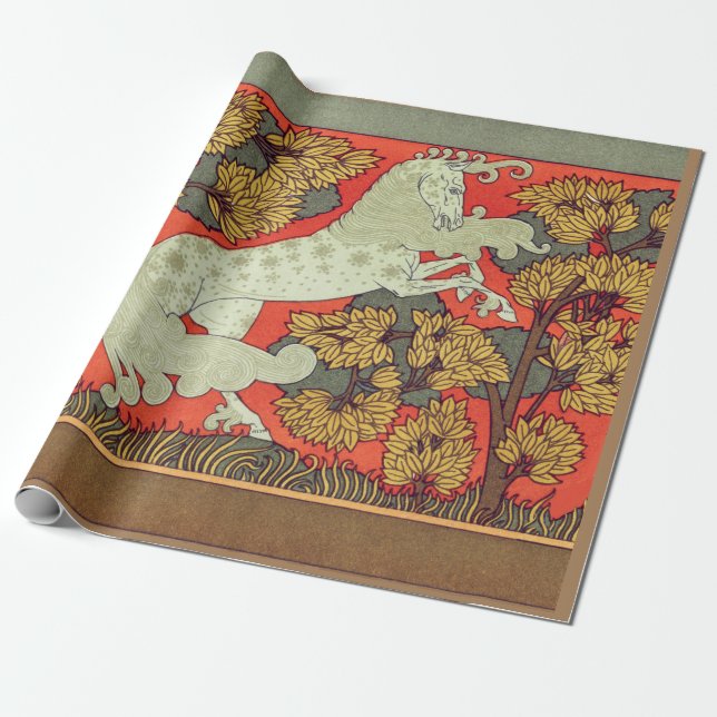 RAMPANT WHITE HORSE,TREES IN WOODLAND Art Nouveau Wrapping Paper (Unrolled)