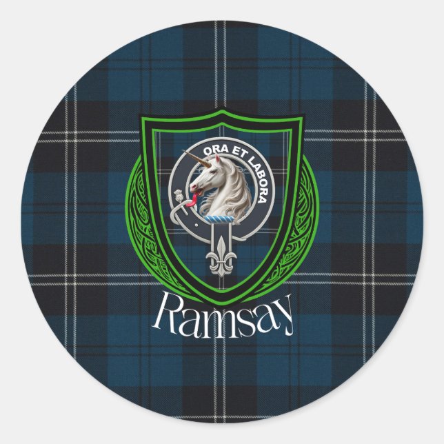 Ramsay Scottish Clan Tartan & Crest Classic Round Sticker (Front)