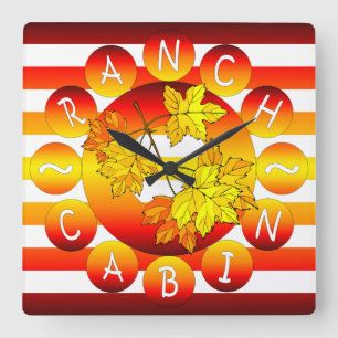 Ranch Cabin ~ Autumn Leaves ~ Country Log Cabin ~ Square Wall Clock