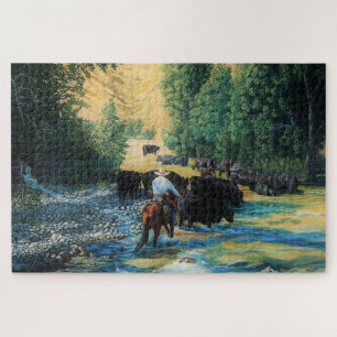 Ranch cattle drive Angus and horse at river Jigsaw Puzzle
