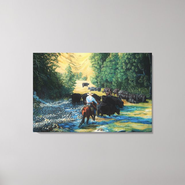 Ranch horse and Angus cattle herd drive and river Canvas Print (Front)