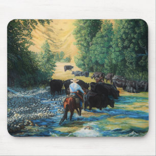 Ranch horse and Angus cattle herd drive and river Mouse Pad