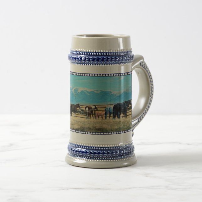 Ranch horse, horses, corral, Montana Mountains Beer Stein (Front Right)