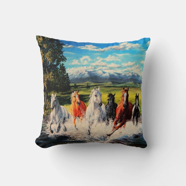 Ranch horses run through river landscape painting cushion (Front)
