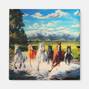 Ranch horses run through river landscape painting magnet