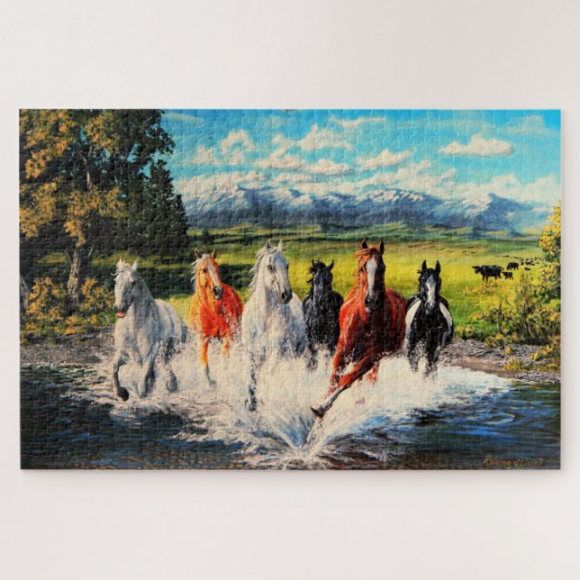 Ranch horses running through river 1014 piece jigsaw puzzle (Horizontal)