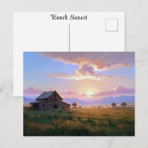 Ranch Sunset Sunrise Painting Abandoned Old Farm Postcard