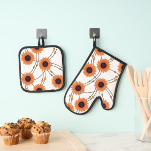Random Art Nouveau Sunflowers Retro Floral Orange Oven Mitt & Pot Holder Set