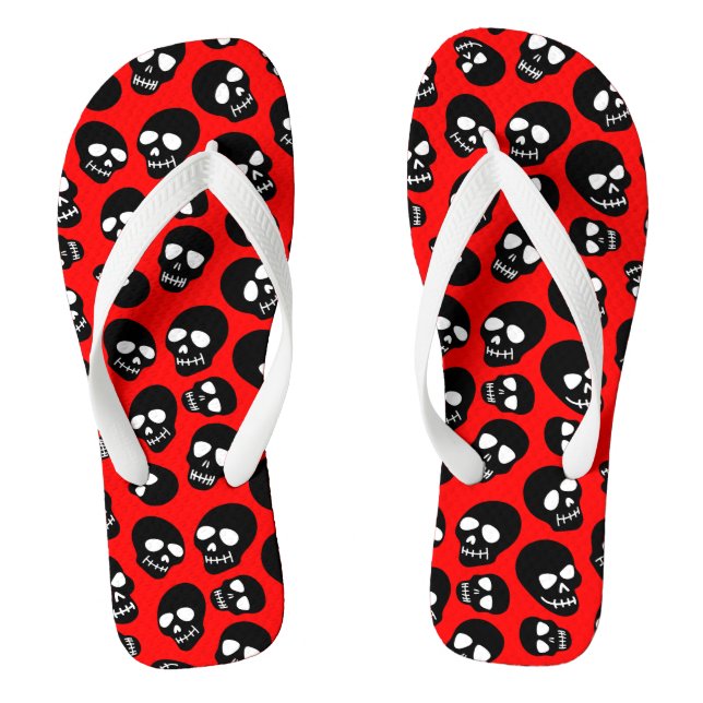 Random Black Skulls on Red Jandals (Footbed)