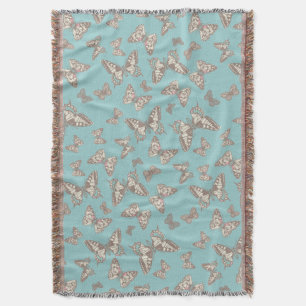 Random butterflies inked style teal pattern throw blanket