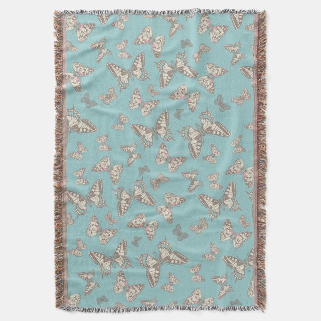 Random butterflies inked style teal pattern throw blanket (Front Vertical)