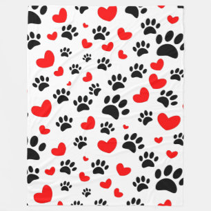 Random Cartoon Dog Paw Prints And Red Hearts Fleece Blanket