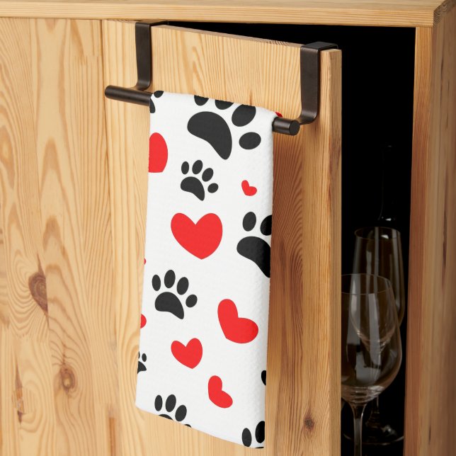Random Cartoon Dog Paw Prints And Red Hearts Tea Towel (Thirds Fold)