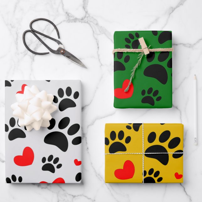 Random Cartoon Dog Paw Prints And Red Hearts Wrapping Paper Sheet (Front)