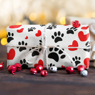 Random Cartoon Dog Paw Prints And Red Hearts Wrapping Paper Sheet