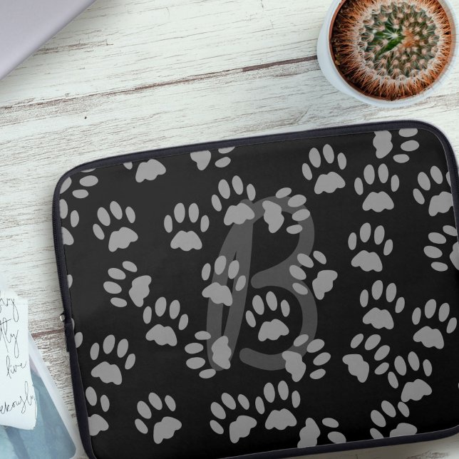 Random Cat Paw Print Pattern Laptop Sleeve (Cat Paw Print Pattern Monogrammed Black and Gray Laptop Sleeve just for you)