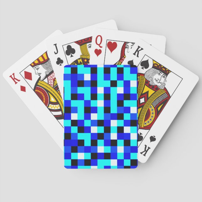 Random Checkered Pixel Art - Blue & White Playing Cards (Back)