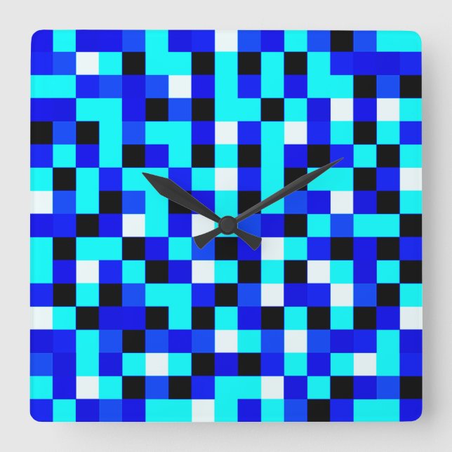 Random Checkered Pixel Art - Blue & White Square Wall Clock (Front)