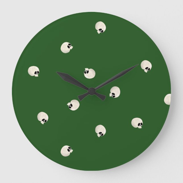 Random Cute Kawaii Skull Dots dark green Large Clock (Front)