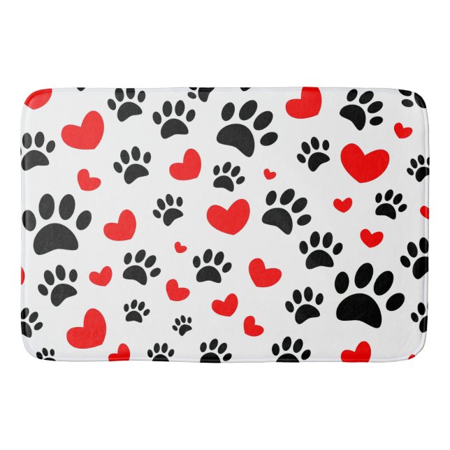 Random Dog Paw Prints And Red Hearts Bath Mat (Front)