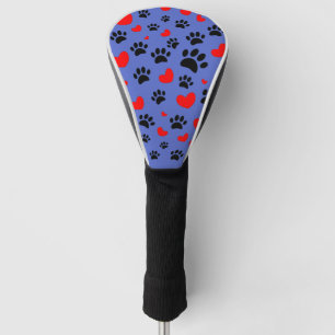 Random Dog Paw Prints And Red Hearts Blue Golf Head Cover