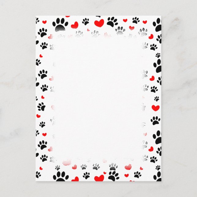 Random Dog Paw Prints And Red Hearts Border Postcard (Front)
