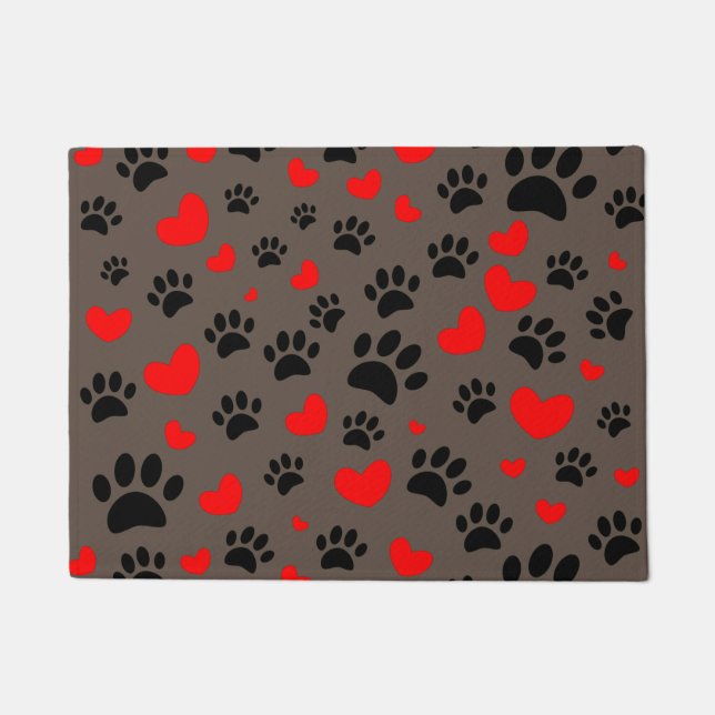 Random Dog Paw Prints And Red Hearts Brown Doormat (Front)