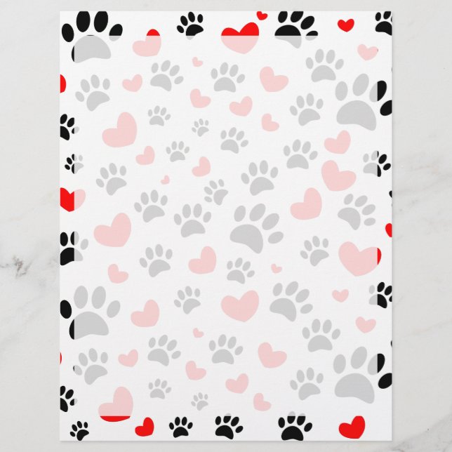Random Dog Paw Prints And Red Hearts Custom Letterhead (Front)