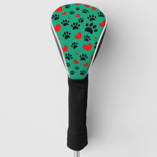 Random Dog Paw Prints And Red Hearts Green Golf Head Cover (Front)