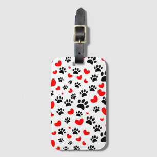 Random Dog Paw Prints And Red Hearts Luggage Tag