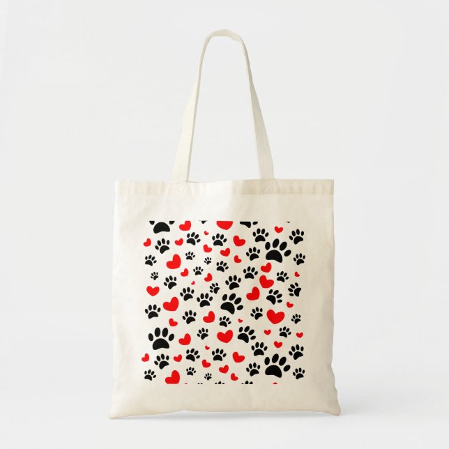 Random Dog Paw Prints And Red Hearts Tote Bag (Front)